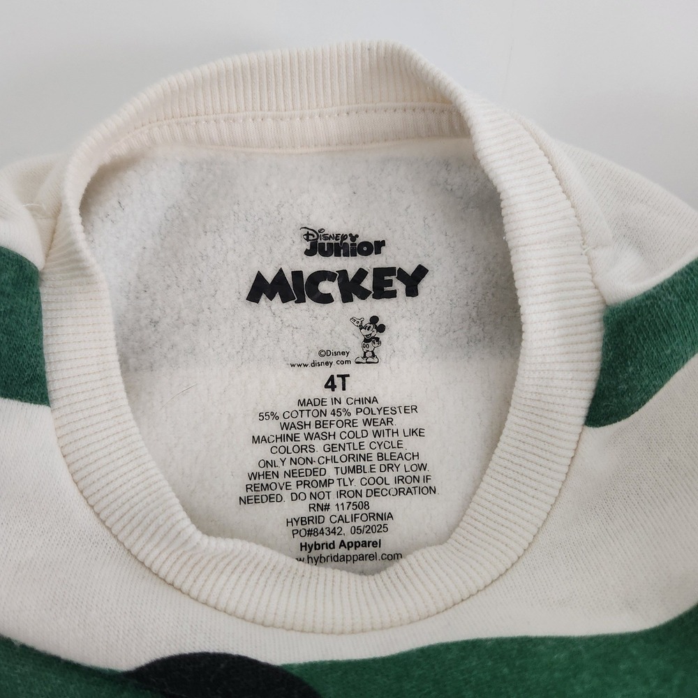 Disney Mickey Mouse Striped Green Cream Sweatshirt Kids‎ 4T Kangaroo Pocket - Picture 3 of 5